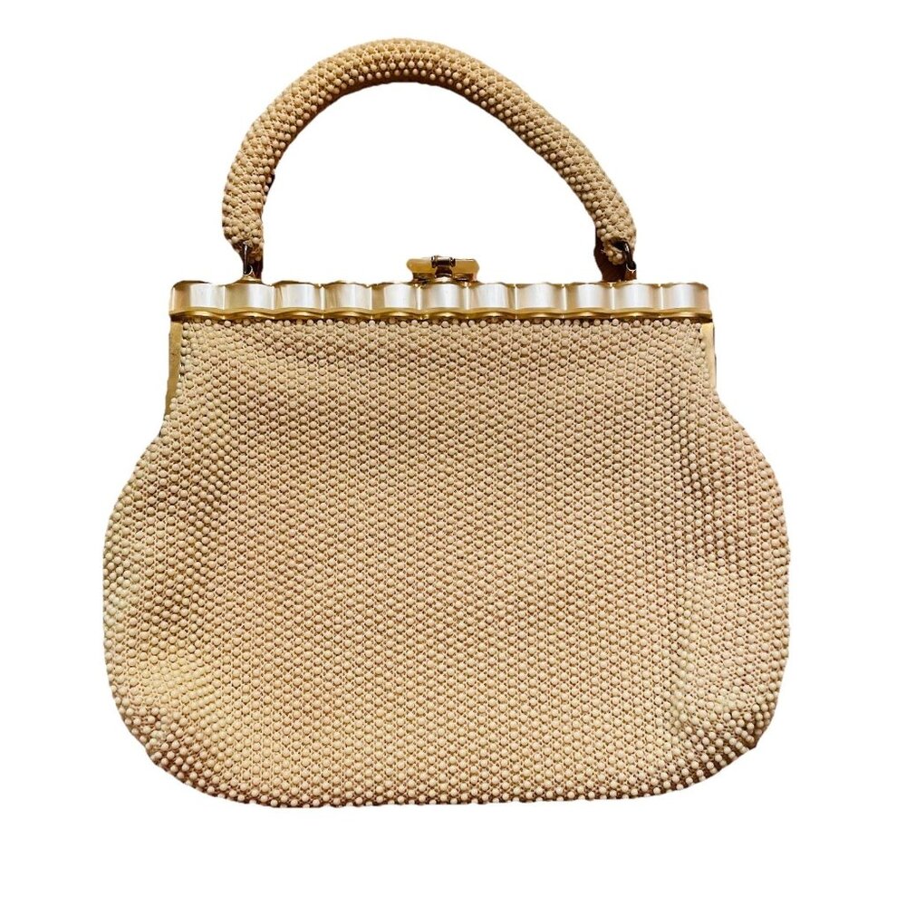 VTG LAURA USA Ivory Beaded Lucite and Gold Trim Purse